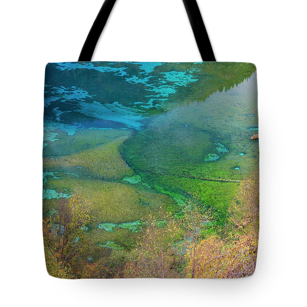 Scenics Tote Bag featuring the photograph Autumn Trees And Lake, Jiuzhaigou by Peter Adams