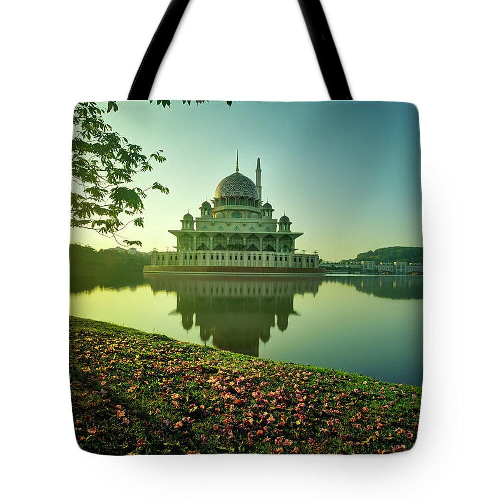 Tranquility Tote Bag featuring the photograph Autumn With Mosque Floating On The River by Tuah Roslan