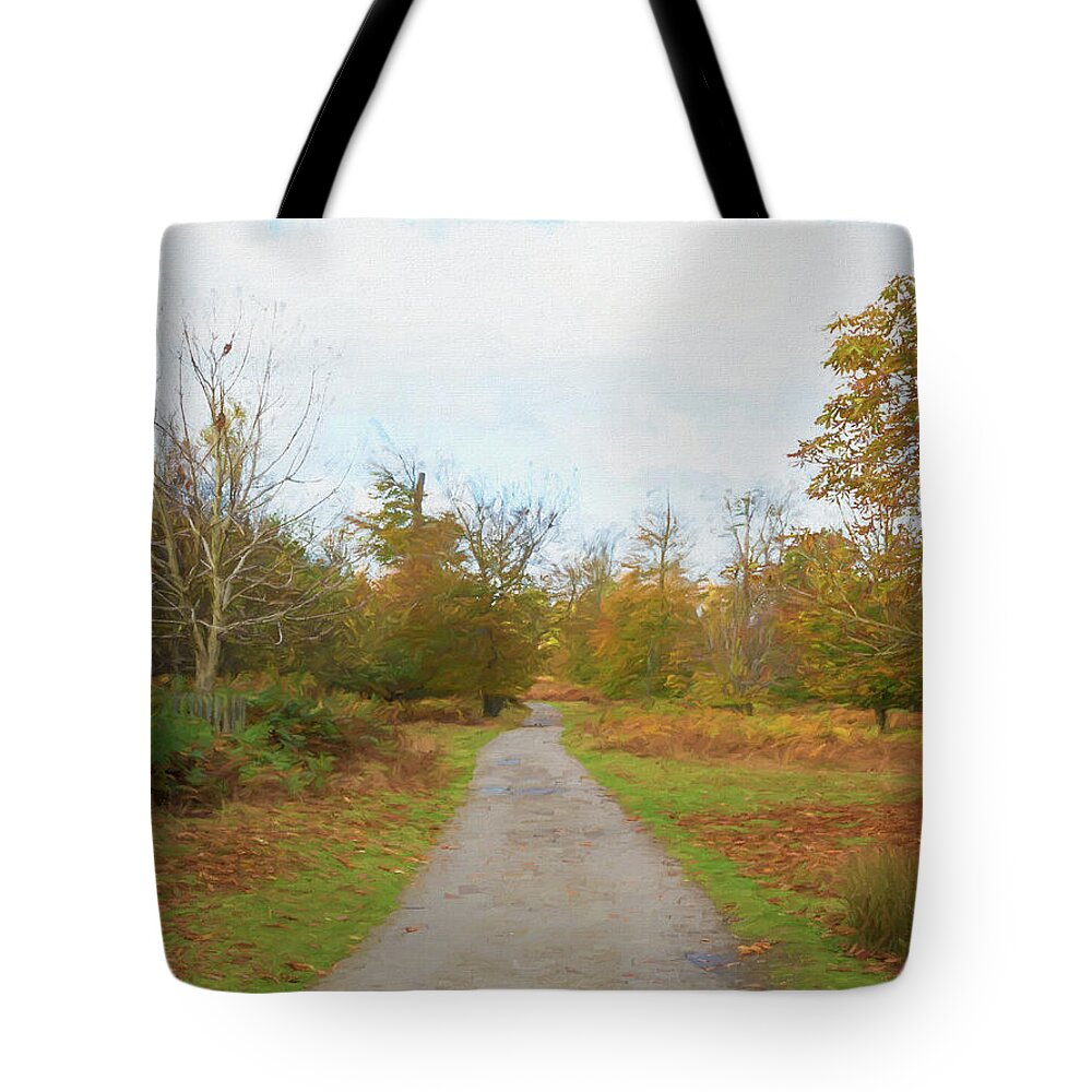 England Tote Bag featuring the digital art Autumn Woodland Road by Roy Pedersen