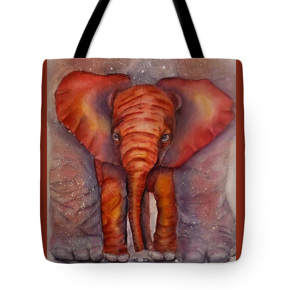 The Playroom Tote Bag featuring the painting Baby Elephant Cozy Under Mama by Kelly Mills