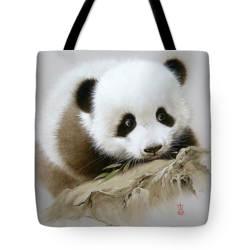 Russian Artists New Wave Tote Bag featuring the painting Baby Panda with Bamboo Leaves by Alina Oseeva