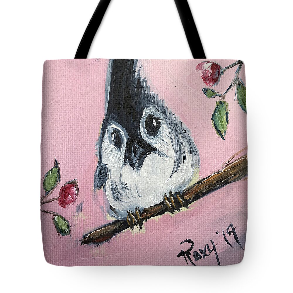 Titmouse Tote Bag featuring the painting Baby Tufted Tit Mouse by Roxy Rich