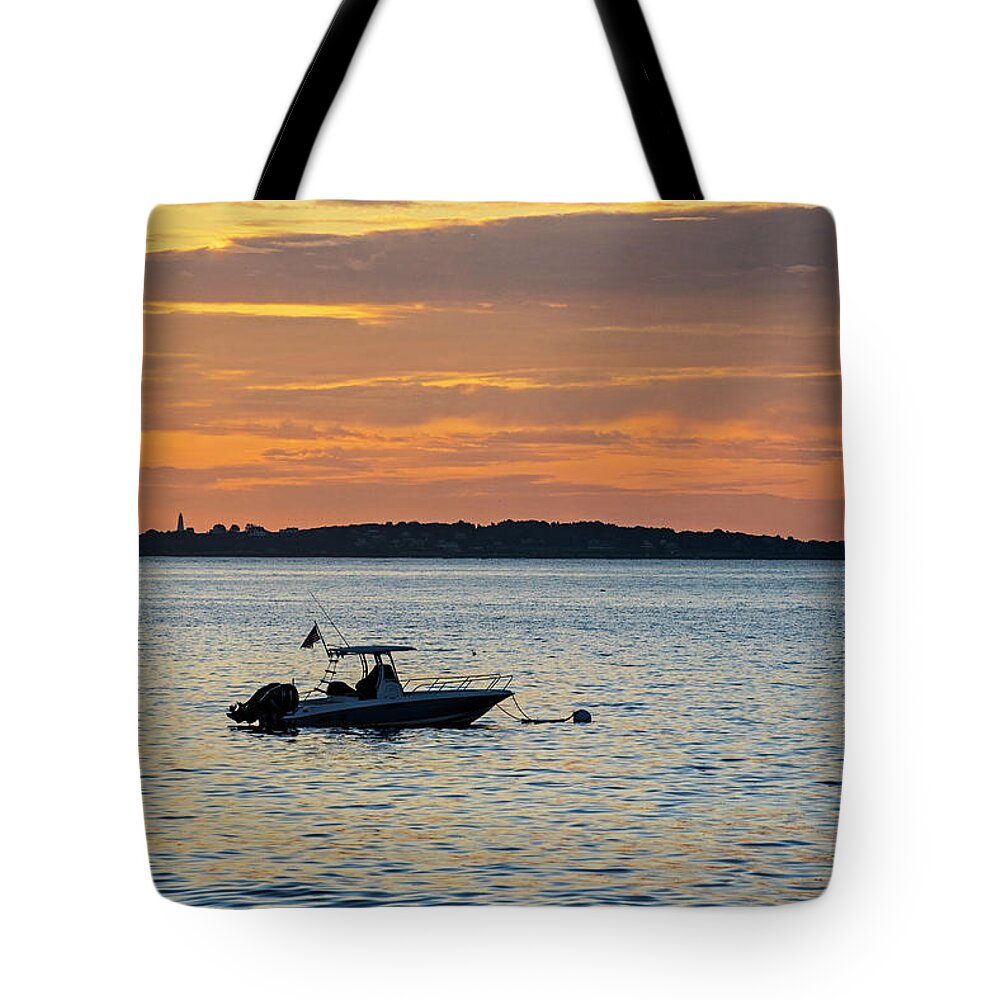 Beverly Tote Bag featuring the photograph Baker Island Lighthouse From Rice Beach Beverly MA at Sunrise Boat by Toby McGuire