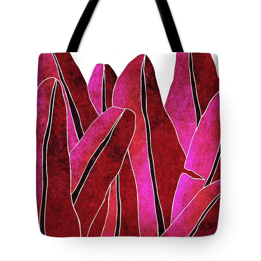 Leaf Tote Bag featuring the mixed media Banana Leaf - Purple, Red - Tropical Leaf Print - Botanical Art - Abstract - Modern, Minimal Decor by Studio Grafiikka