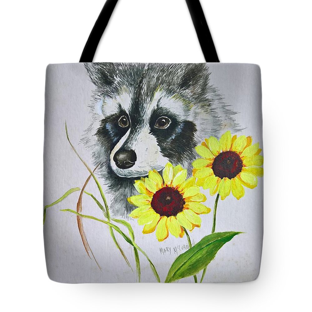 Raccoons Tote Bag featuring the painting Bandit and the Sunflowers by ML McCormick