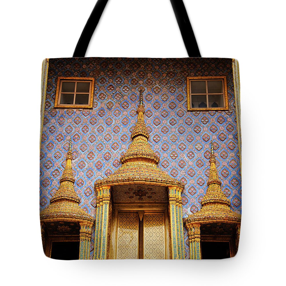 Bangkok Tote Bag featuring the photograph Bangkok Phra Mondo Library Golden Doors One by Bob Phillips