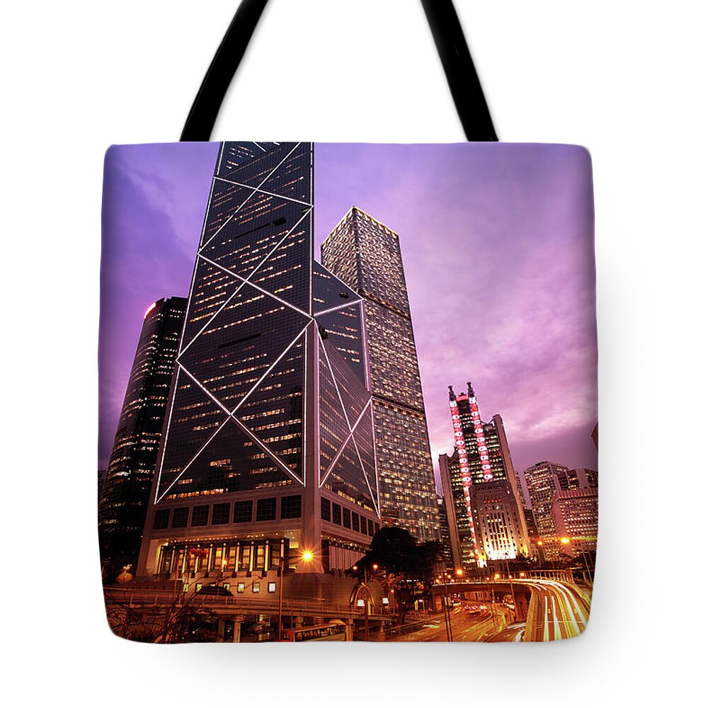 Chinese Culture Tote Bag featuring the photograph Bank Of China Hong Kong At Night by Samxmeg