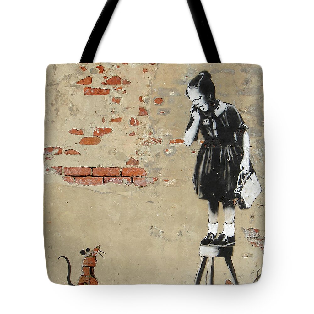 Banksy Tote Bag featuring the photograph Banksy New Orleans Girl and Mouse by Gigi Ebert