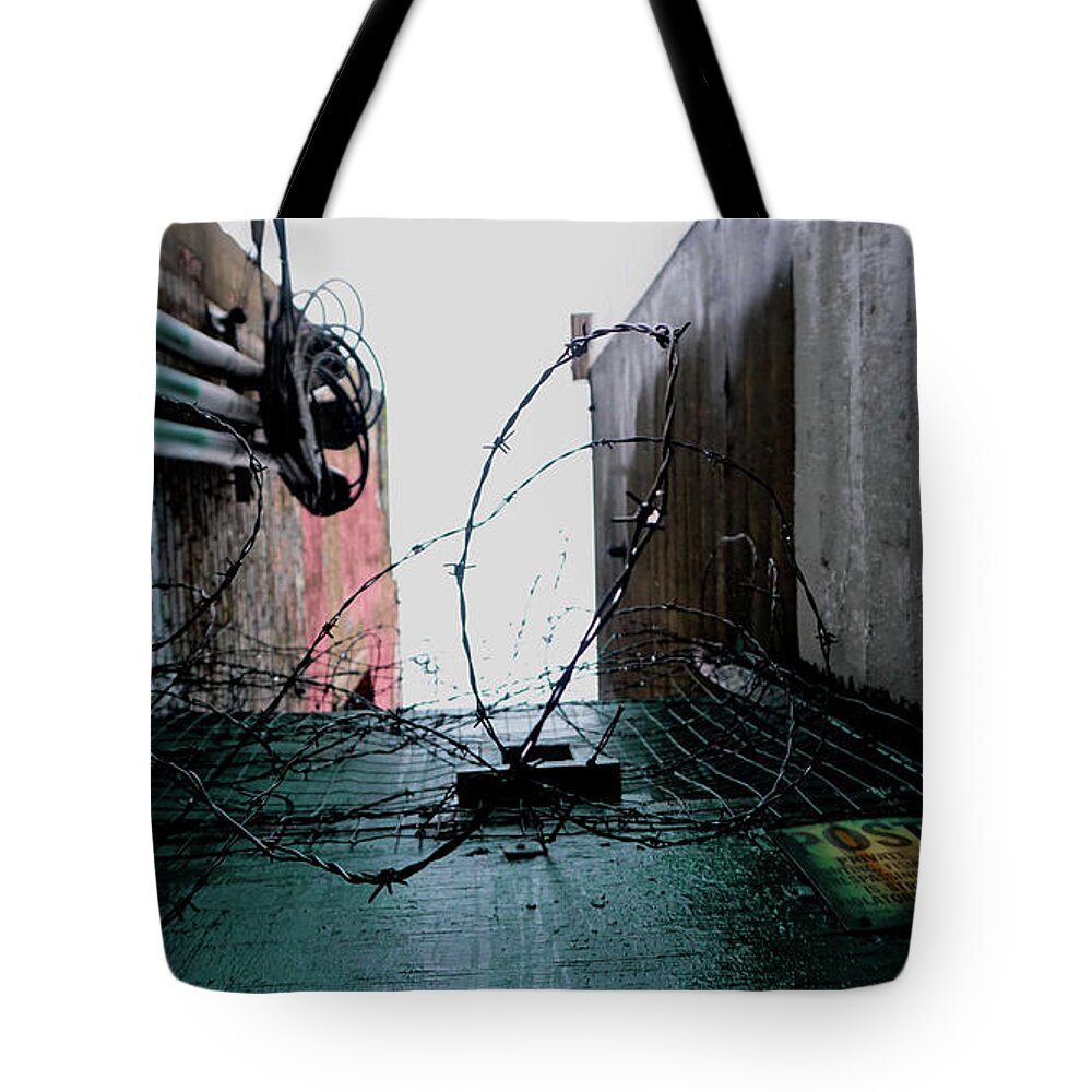 Seattle Tote Bag featuring the photograph Barbed Wire City Scene by Cathy Anderson