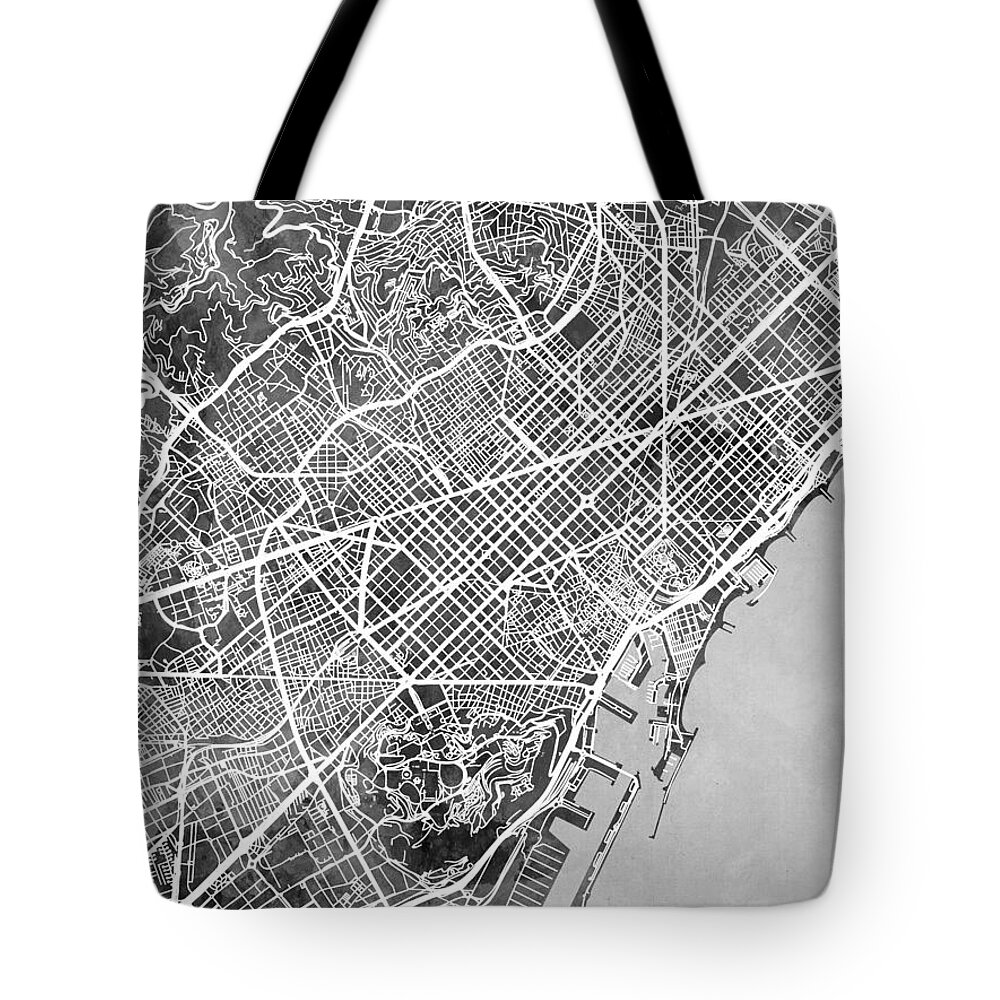 Barcelona Tote Bag featuring the digital art Barcelona Spain City Map by Michael Tompsett