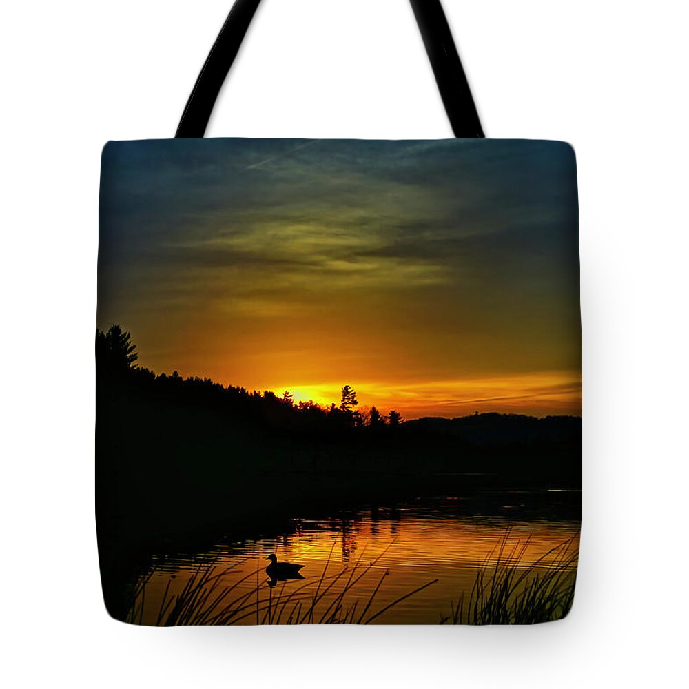 Bass Lake Tote Bag featuring the photograph Bass Lake Sunrise Duck by Meta Gatschenberger