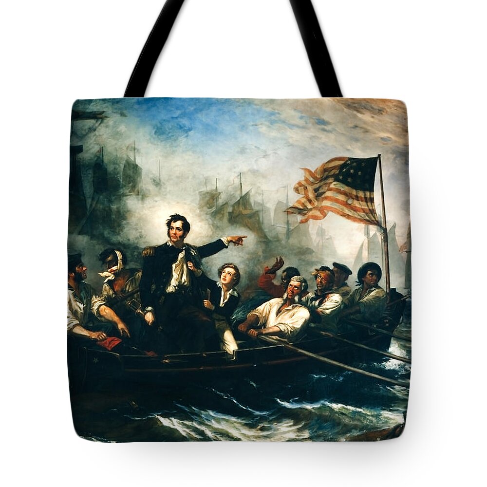 Oliver Hazard Perry Tote Bag featuring the painting Battle of Lake Erie - Oliver Hazard Perry - War of 1812 by War Is Hell Store