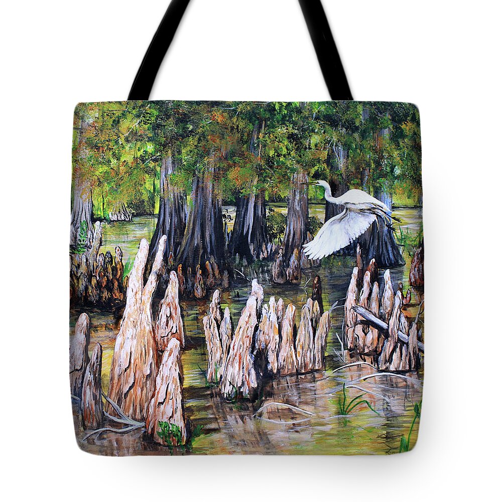 Bayou Tote Bag featuring the painting Bayou With Great White Egret by Karl Wagner