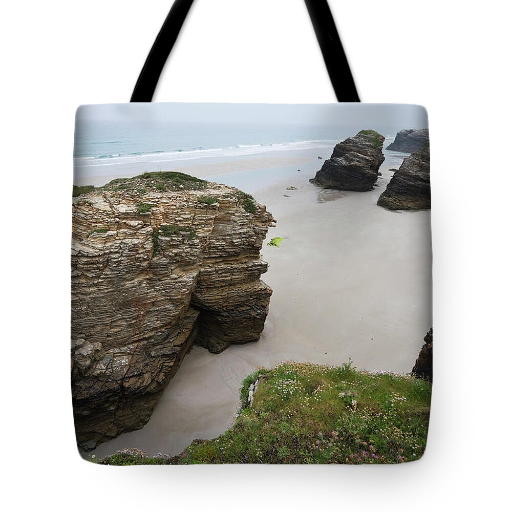 Geology Tote Bag featuring the photograph Beach At The Cathedrals, Galicia by Franz Aberham