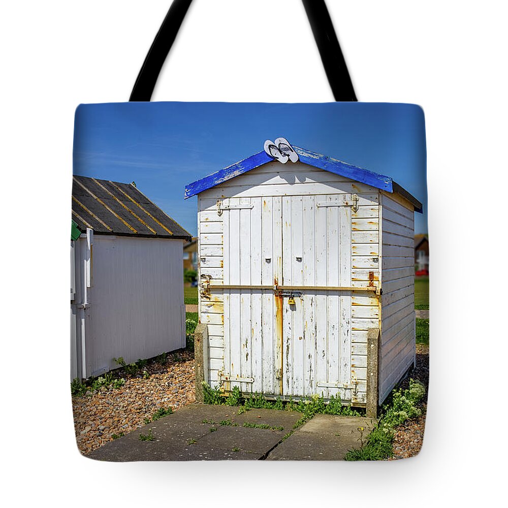 Worthing Tote Bag featuring the photograph Beach Hut on Pebbly Beach by Roslyn Wilkins