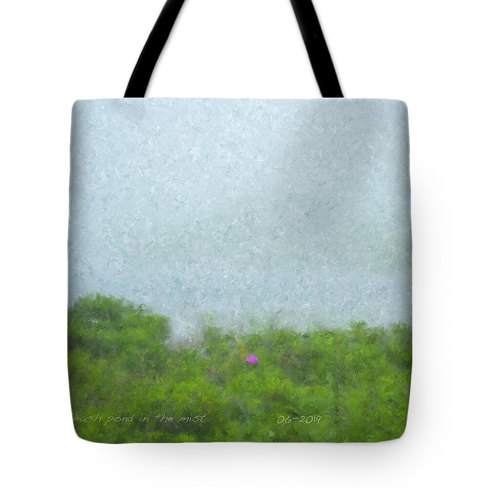 Beach Tote Bag featuring the painting Beach Pond in the Mist by Bill McEntee
