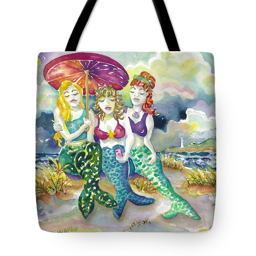 Mermaids Tote Bag featuring the painting Mermaid Beach Selfie by Ann Nicholson
