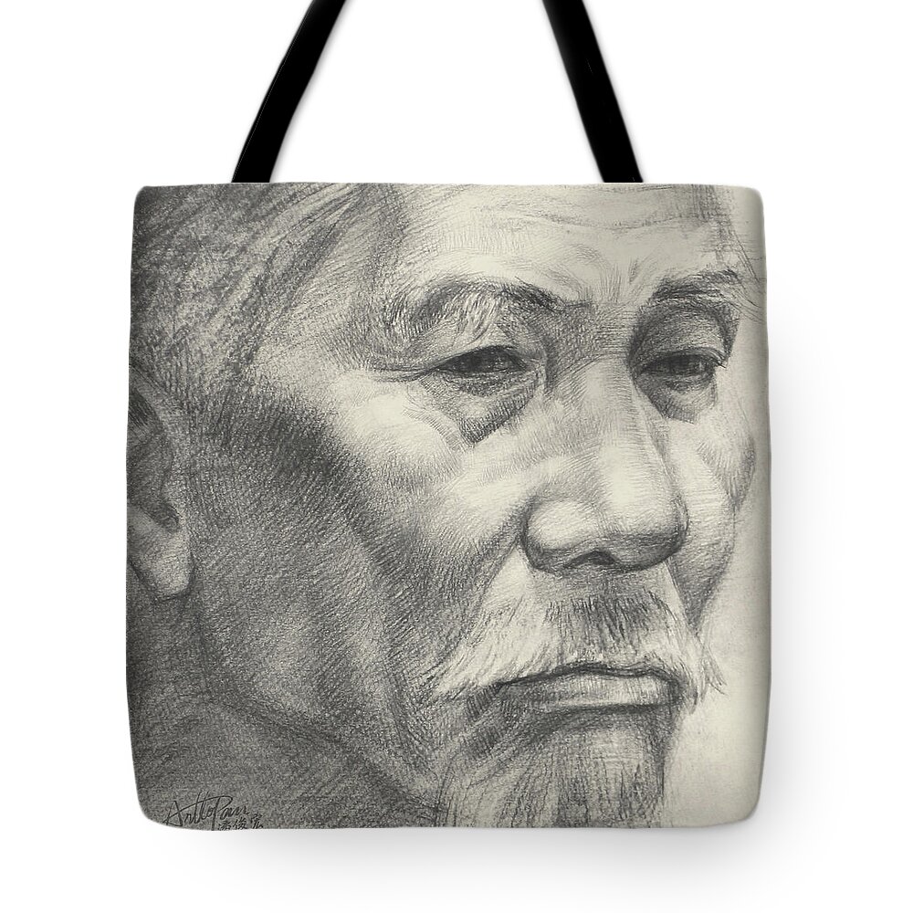 Beard Tote Bag featuring the painting Bearded old man's head portrait-part-ArtToPan drawing-portrait realistic carbon pencil sketch by Artto Pan