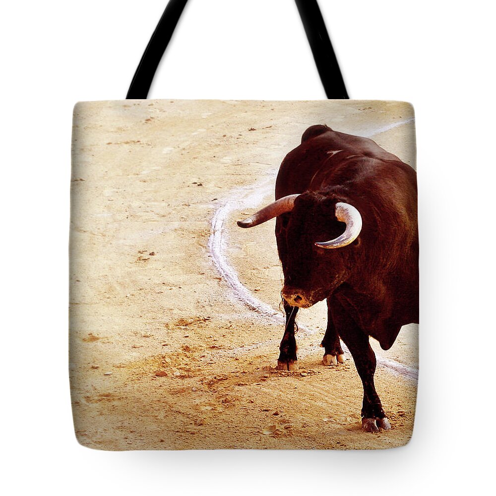 Horned Tote Bag featuring the photograph Beast In The Bullring by Absolutely frenchy