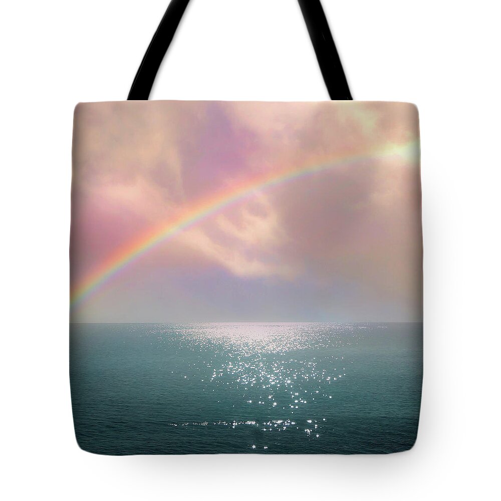 Sea Tote Bag featuring the mixed media Beautiful Morning In Dreamland With Rainbow by Johanna Hurmerinta