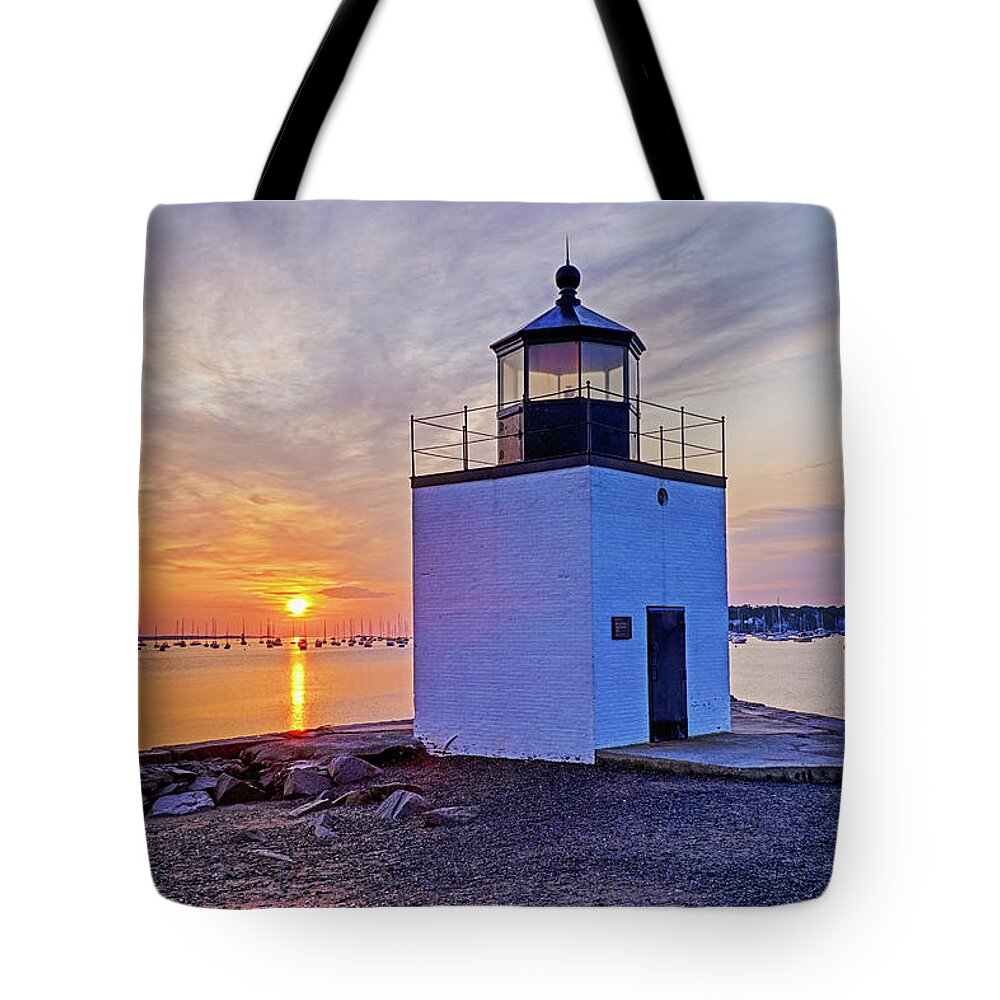Salem Tote Bag featuring the photograph Beautiful sunrise on Derby Wharf Salem MA Derby Light by Toby McGuire