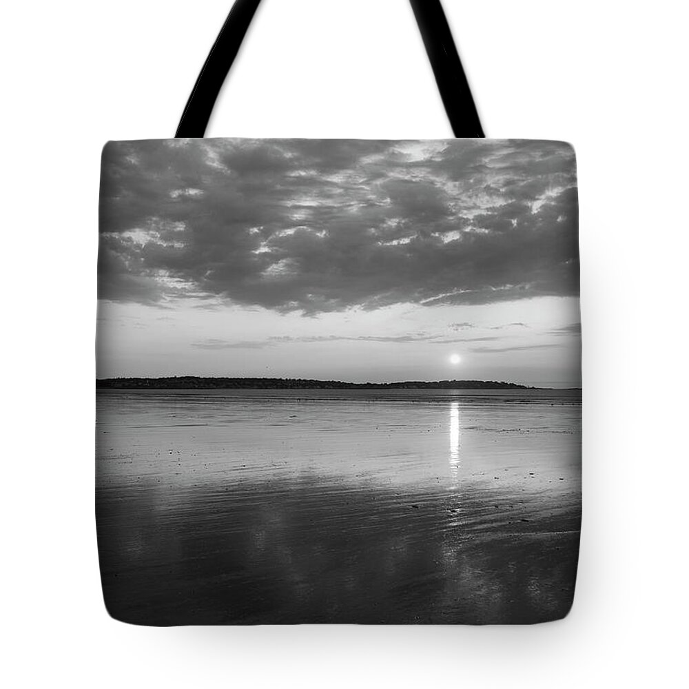 Nahant Tote Bag featuring the photograph Beautiful Sunrise over Nahant Beach Reflection Nahant MA Black and White by Toby McGuire