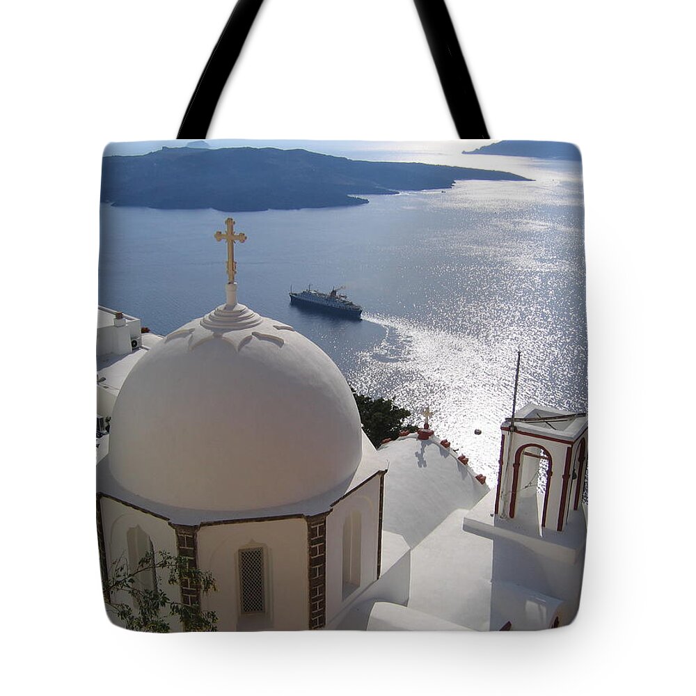 Scenics Tote Bag featuring the photograph Beautiful View From Fira Santorini by Pedre