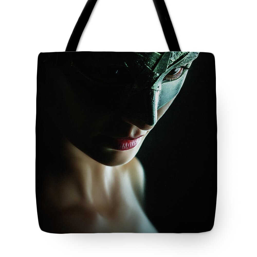 Art Tote Bag featuring the photograph Beauty model woman wearing venetian masquerade carnival mask by Dimitar Hristov