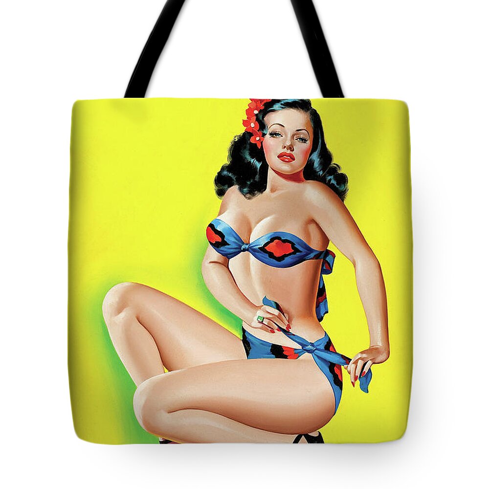Pinup Tote Bag featuring the painting Beauty Parade Magazine; Pinup in a Bikini by Peter Driben