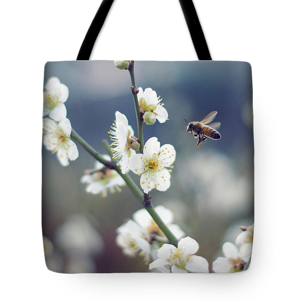 Insect Tote Bag featuring the photograph Bee&white Plum by Miragec