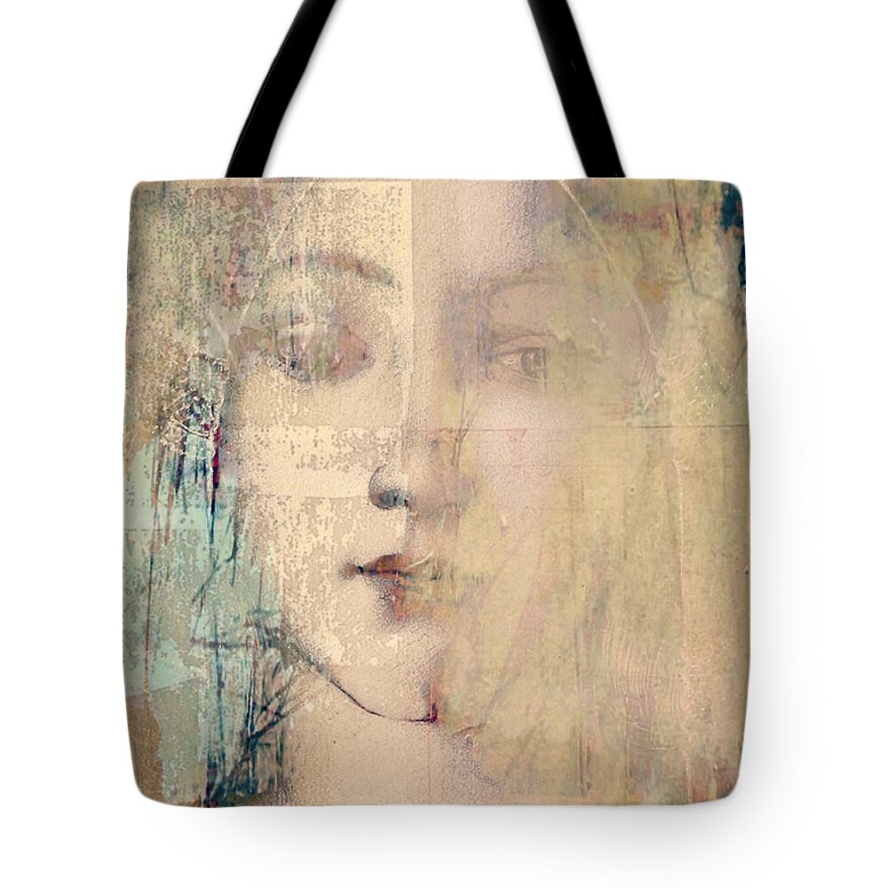 Female Face Tote Bag featuring the mixed media Behind The Painted Smile by Paul Lovering