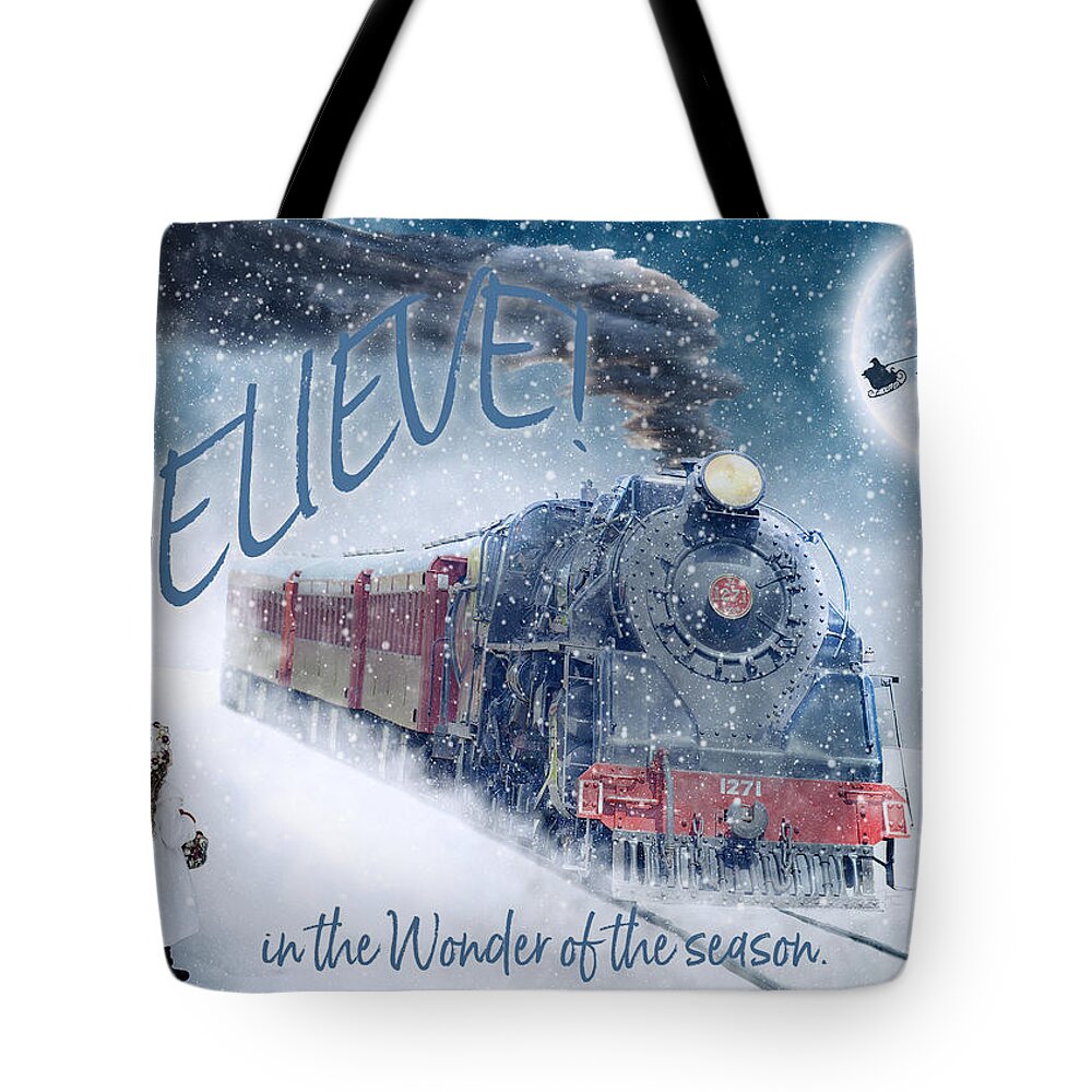 Christmas Tote Bag featuring the digital art Believe in the Wonder Holiday Card by Teresa Wilson