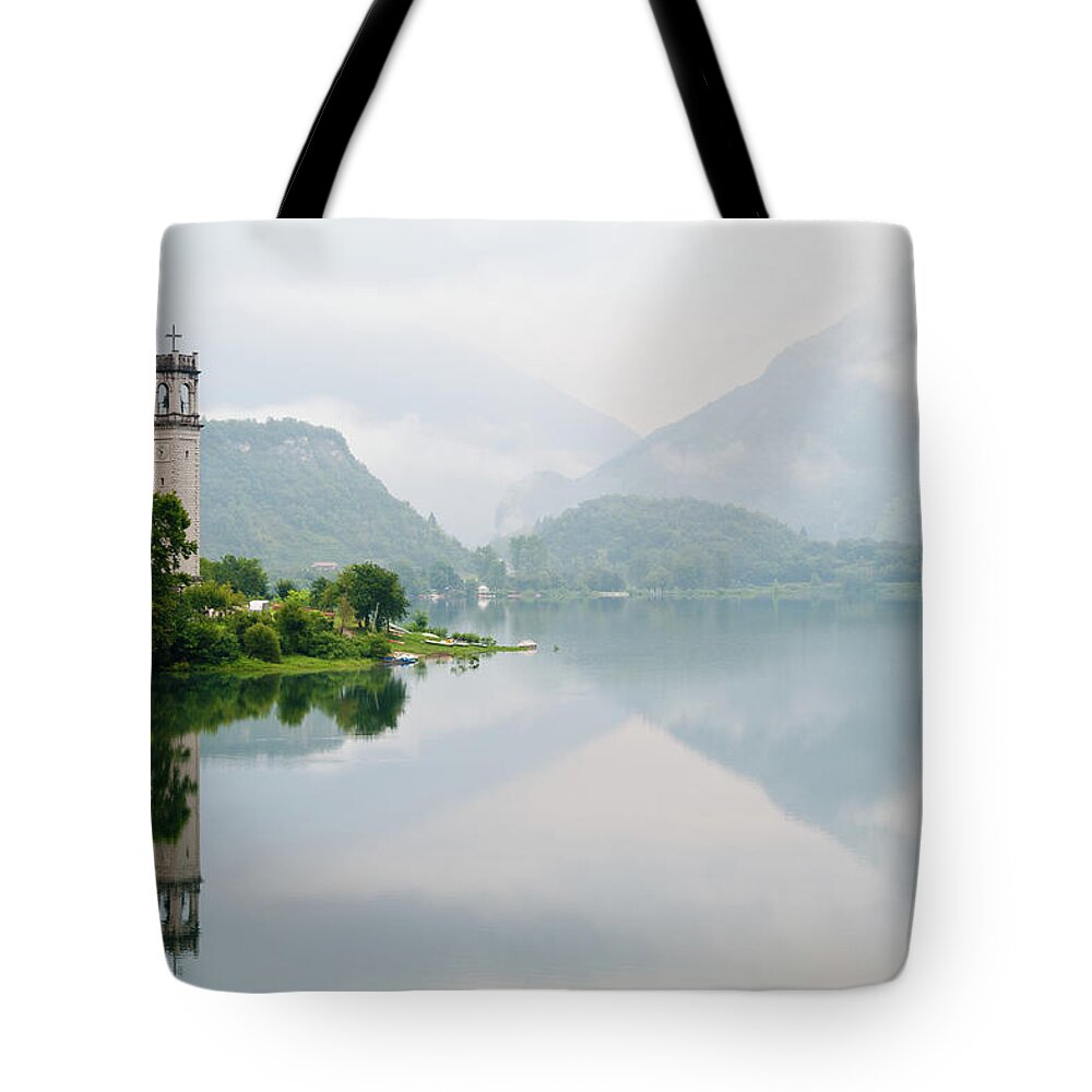 Belluno Tote Bag featuring the photograph Bell Tower Near Lake by Massimo Calmonte (www.massimocalmonte.it)