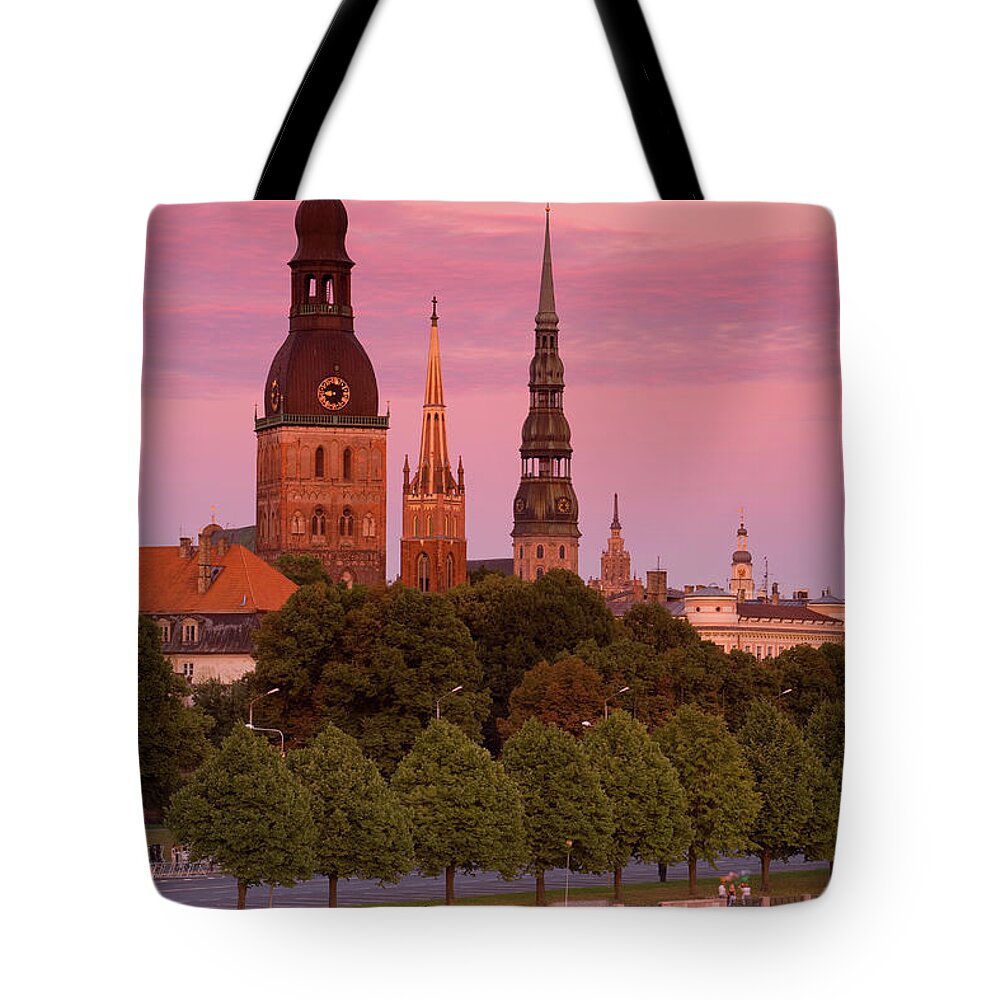 Tranquility Tote Bag featuring the photograph Bell Towers And Spires In Rigas Old Town by Douglas Pearson