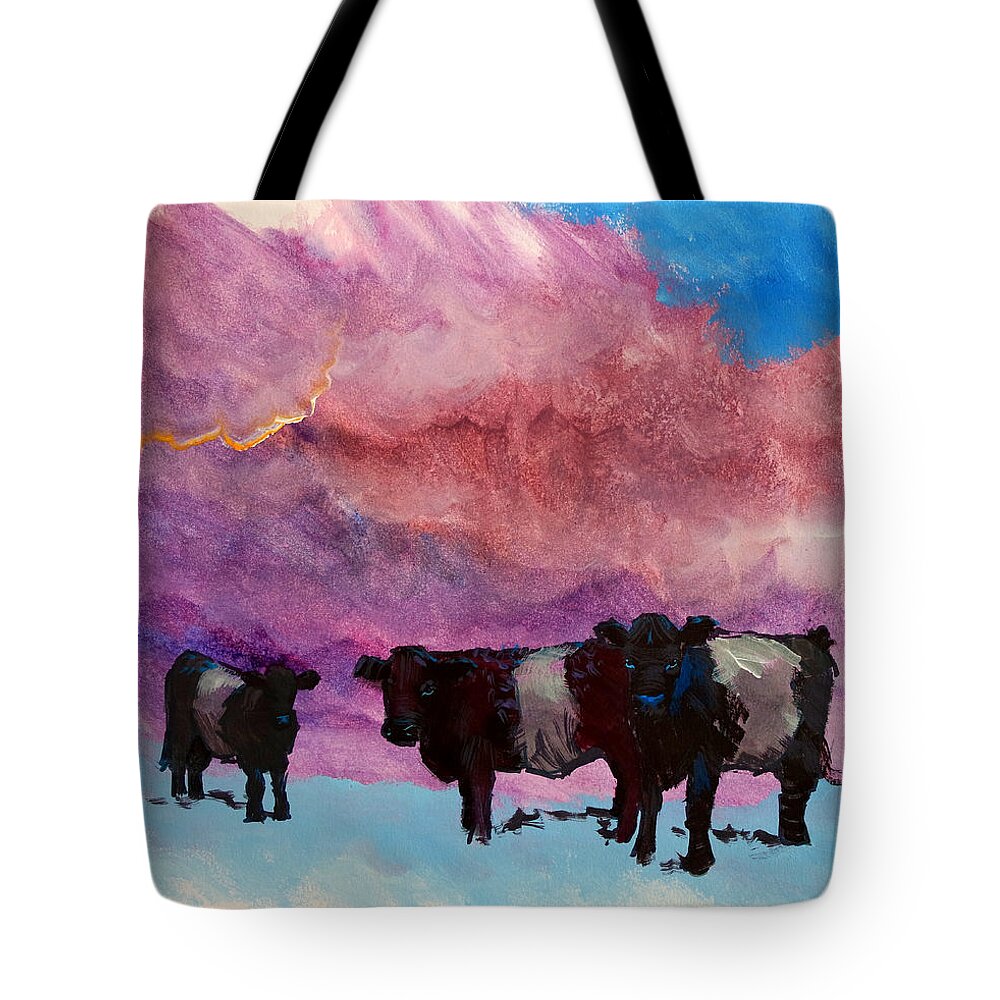 Belted Galloway Cow Tote Bag featuring the painting Belted galloway cows purple cloudy sky painting by Mike Jory