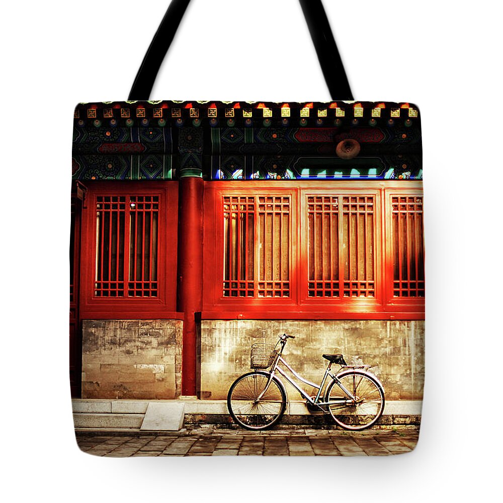 Tranquility Tote Bag featuring the photograph Bicycle In Sunlight At Confucius Temple by Nicole Kucera