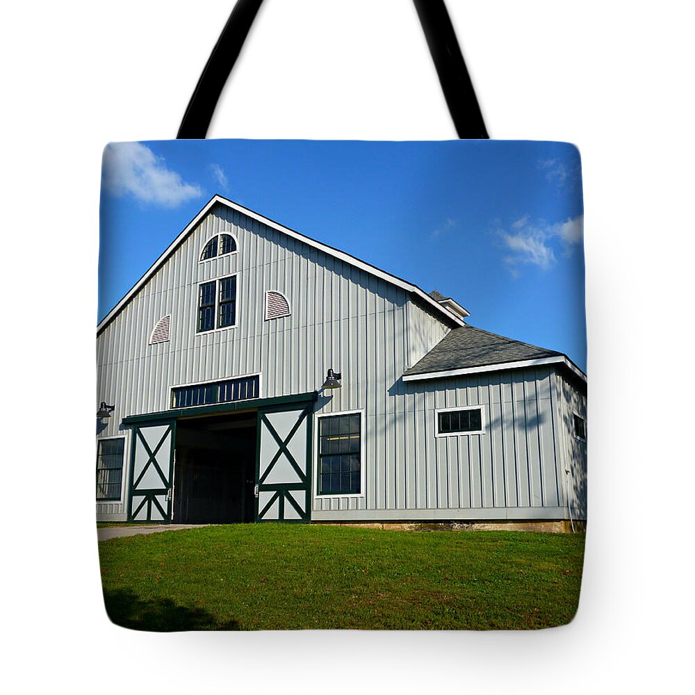 Big Barn Tote Bag featuring the photograph Big Barn with Blue Skies by Mike McBrayer