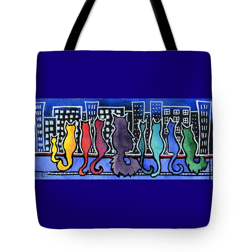 Cat Paintings Tote Bag featuring the painting Big City Cats by Dora Hathazi Mendes