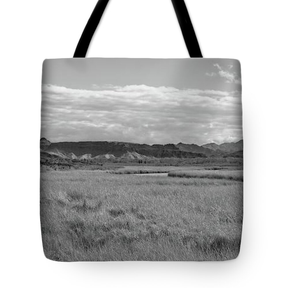 Landscape Tote Bag featuring the photograph Bill Williams River Black and White Panorama by Allan Van Gasbeck