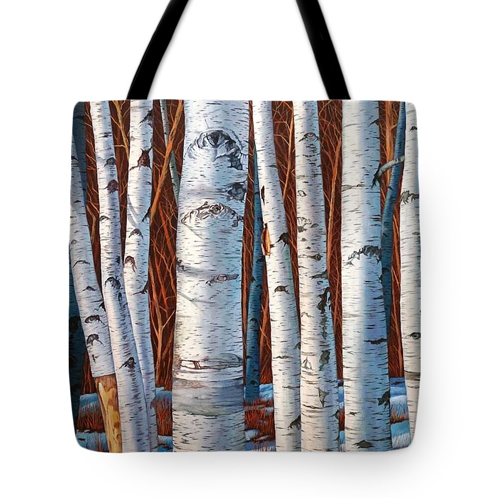 Birch Tote Bag featuring the painting Birch Trees in early winter in painting by Christopher Shellhammer
