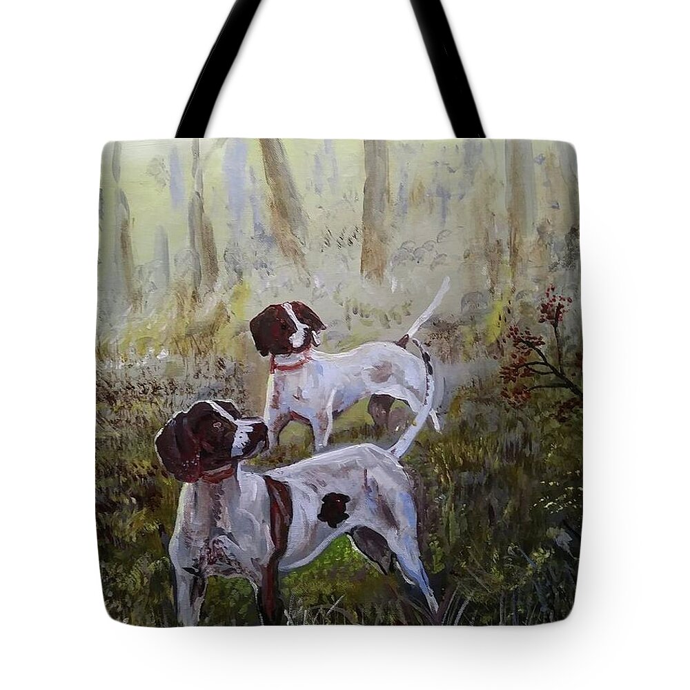 Hunting Tote Bag featuring the painting Bird Dogs by Mike Benton