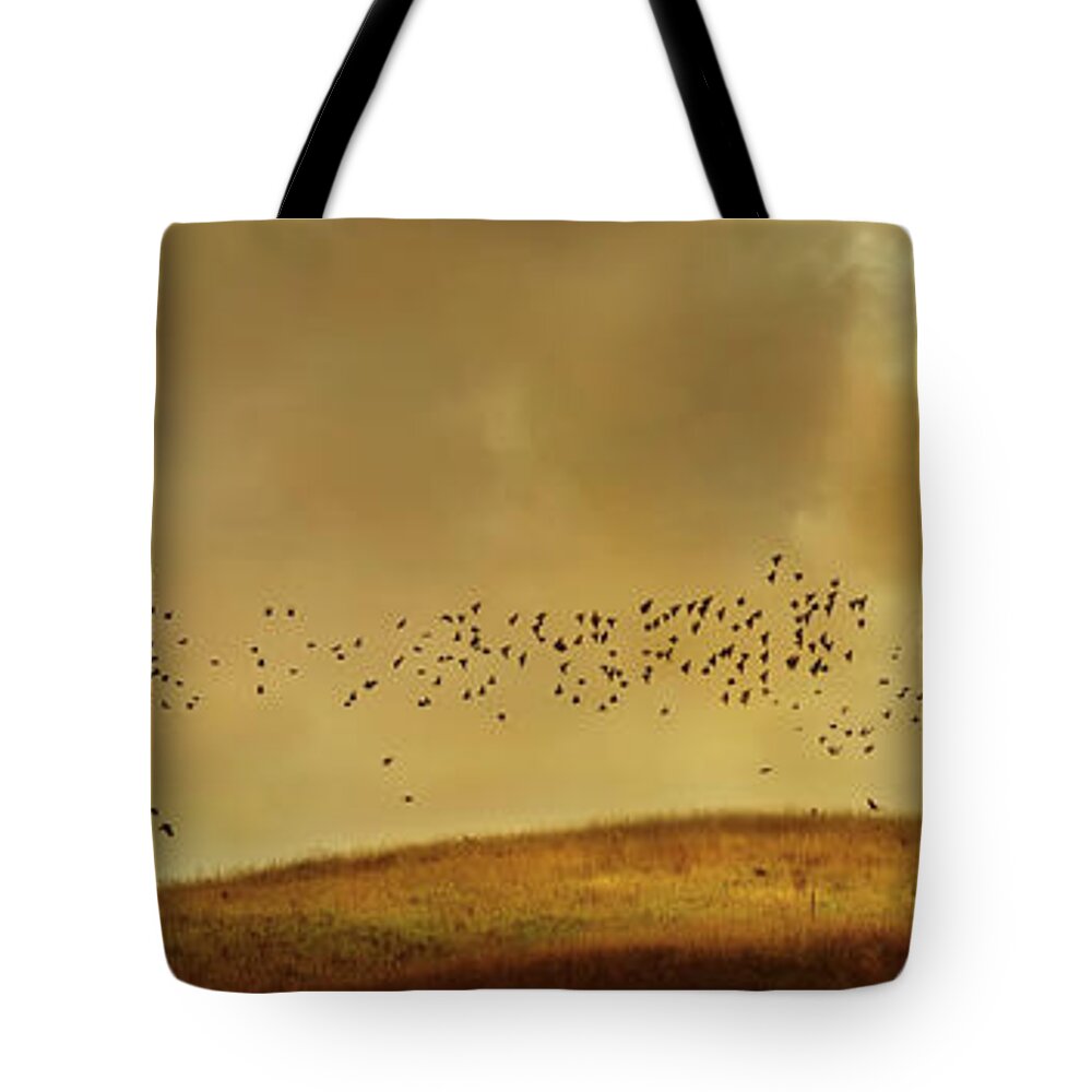 Tranquility Tote Bag featuring the photograph Birds Flying To Bare Tree In Rural by Chris Clor
