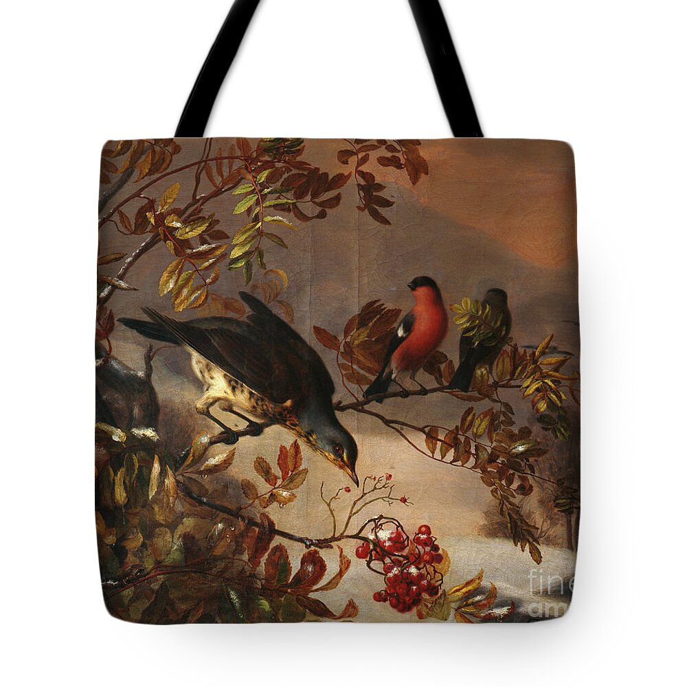 Frants Boee Tote Bag featuring the painting Birds on a rowanberrry twig by O Vaering