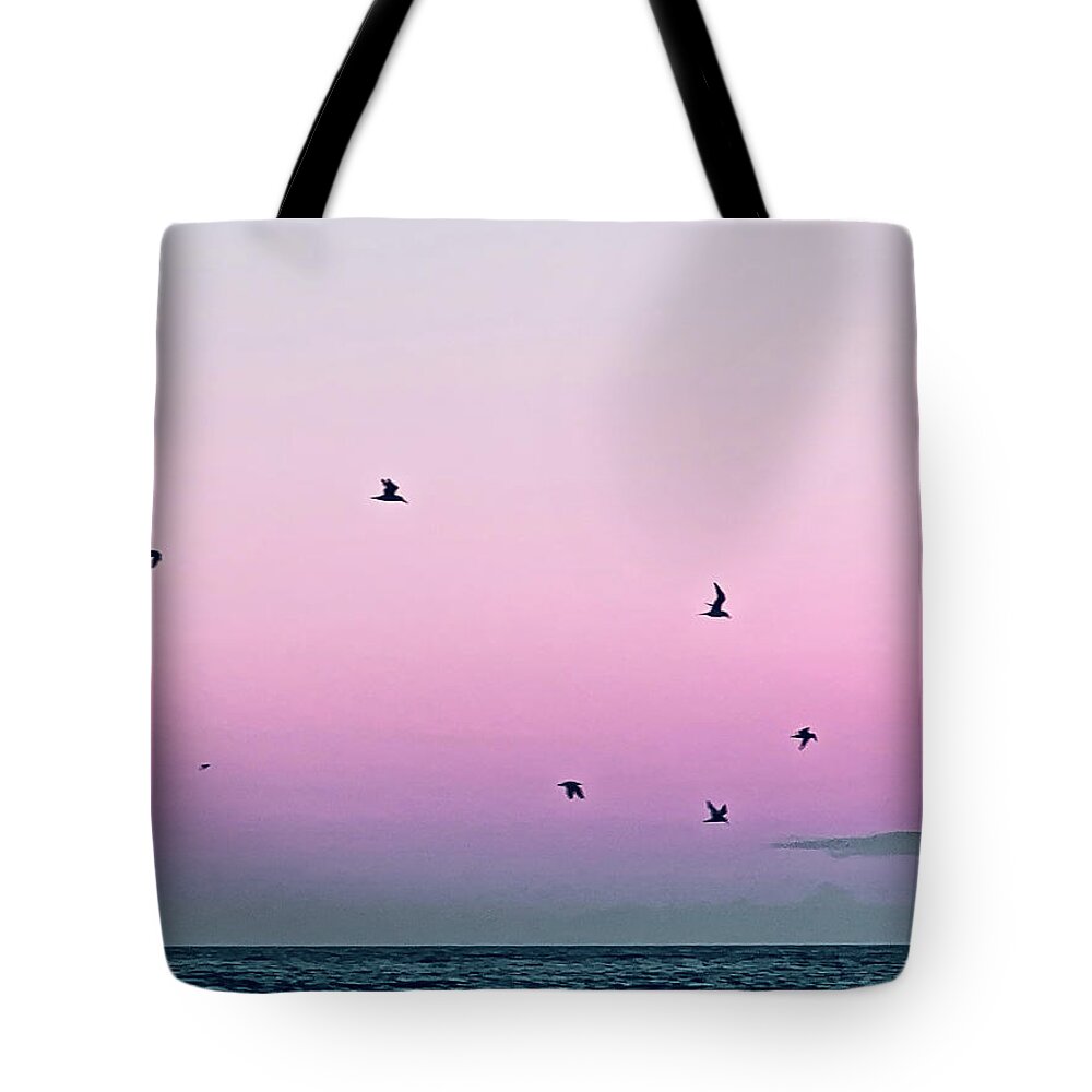 Birds Tote Bag featuring the photograph Captive Island Sunset Seabirds Circling by Shelly Tschupp