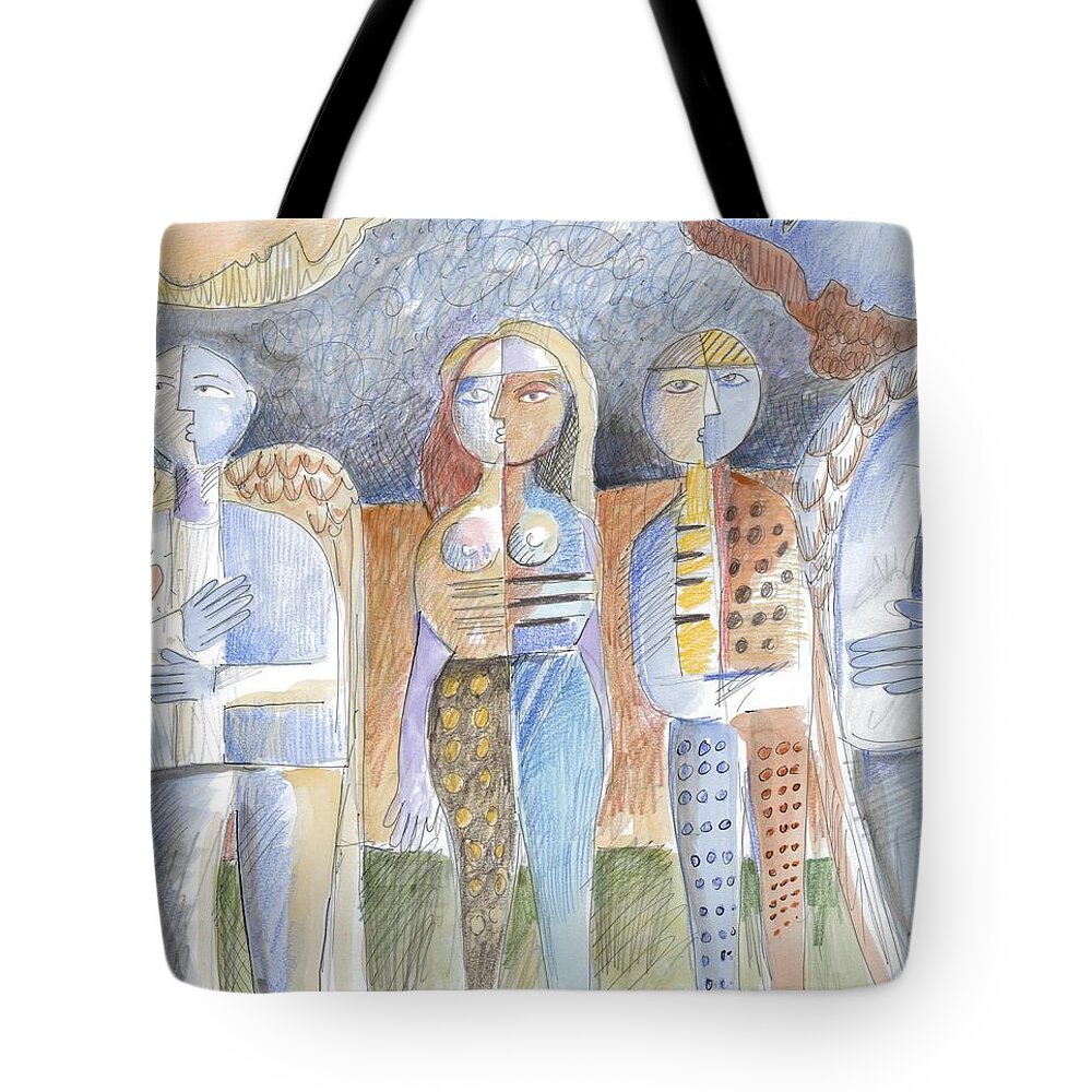 Birth Of Adam Tote Bag featuring the drawing Birth of Adam and Eve by Gerry High