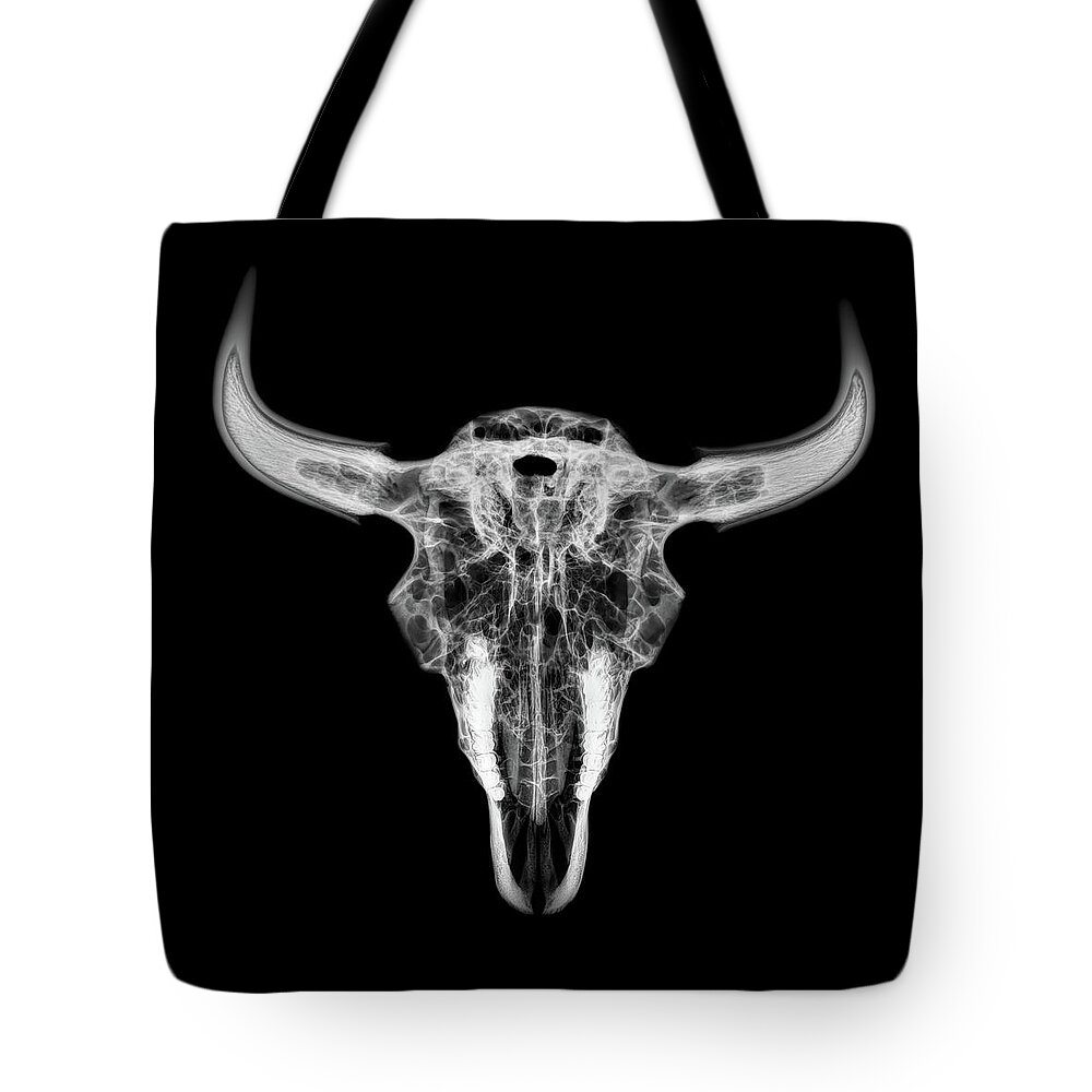 Kansas Tote Bag featuring the photograph Bison skull x-ray 01bw by Rob Graham
