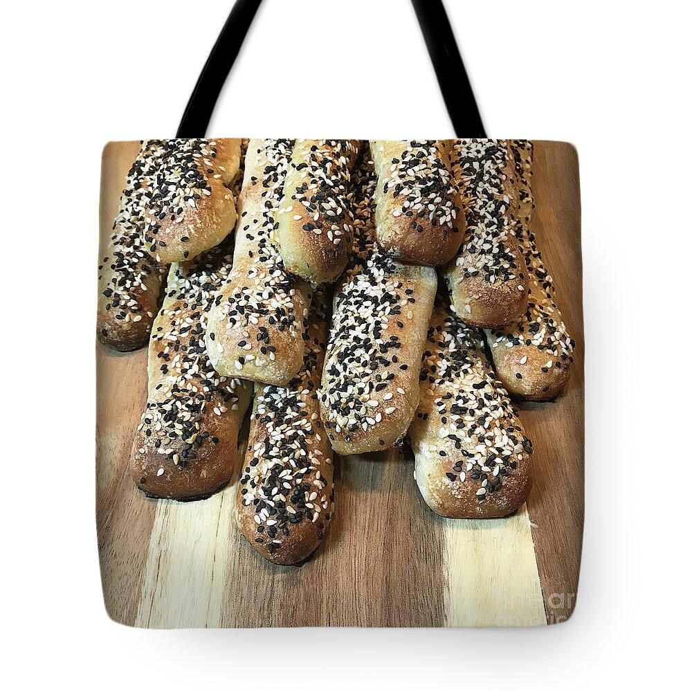 Bread Tote Bag featuring the photograph Black and White Sesame Seed Breadsticks by Amy E Fraser