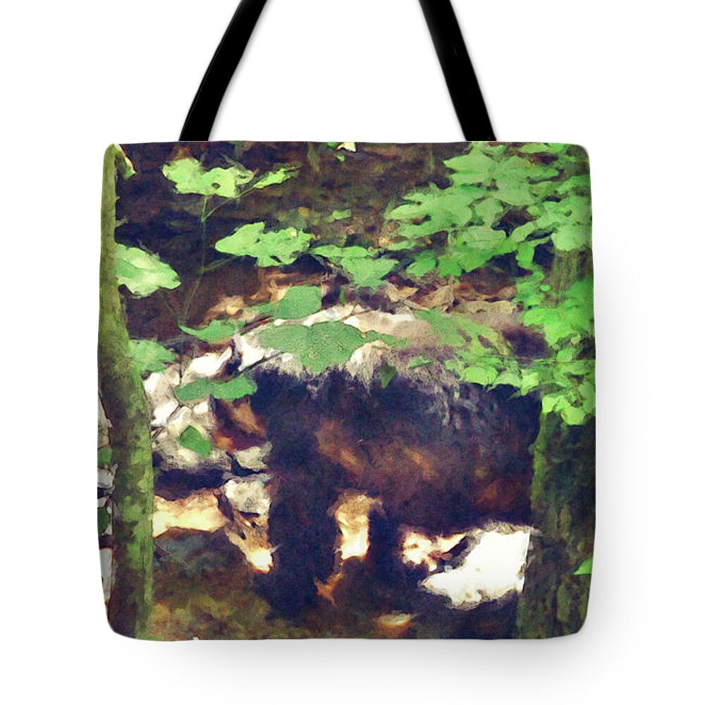 Bear Tote Bag featuring the digital art Black Bear In Woods by Phil Perkins
