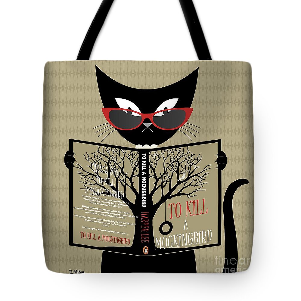 Mid Century Modern Tote Bag featuring the digital art Black Cat Reading by Donna Mibus