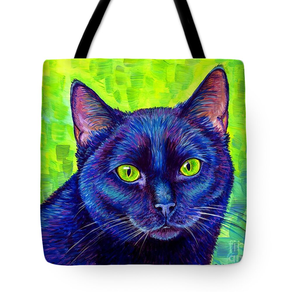 Cat Tote Bag featuring the painting Black Cat with Chartreuse Eyes by Rebecca Wang